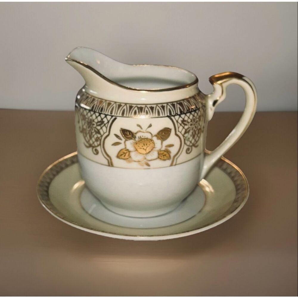 Vintage Chikaramachi Hand Painted Porcelain Creamer  Saucer Made In Japan